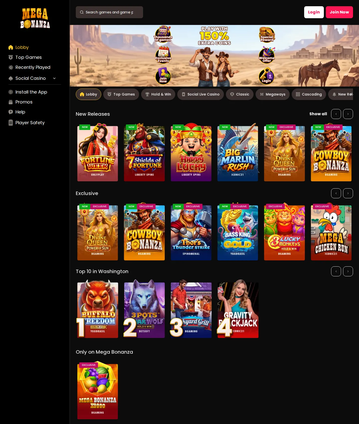 Screenshot of the MegaBonanza website